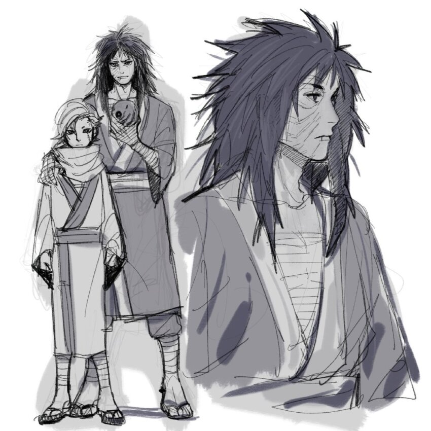 2boys, alternate_hair_length, alternate_hairstyle, bandages, height_difference, holding, holding_mask, japanese_clothes