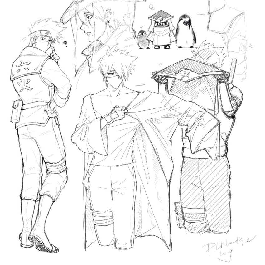 2boys, back, bird, forehead_protector, hatake_kakashi, hokage_hat, konohagakure_anbu_uniform, long_sleeves