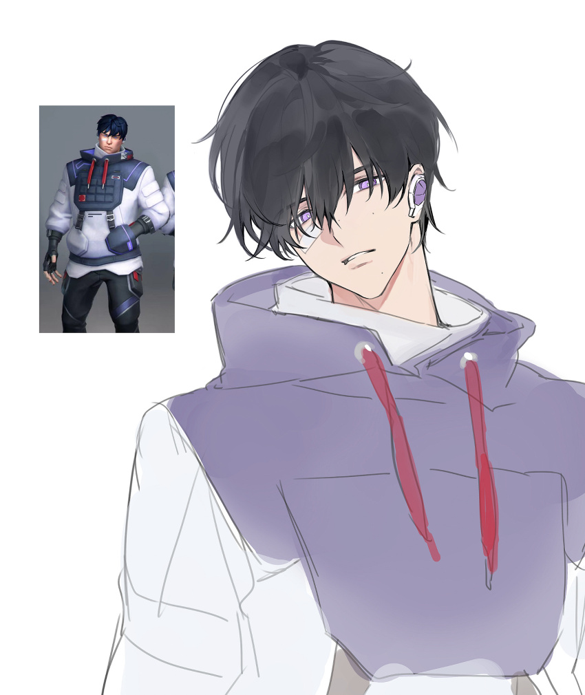 1boy, bandaid, bandaid_on_face, black_hair, chinese_commentary, commentary_request, drawstring, expressionless