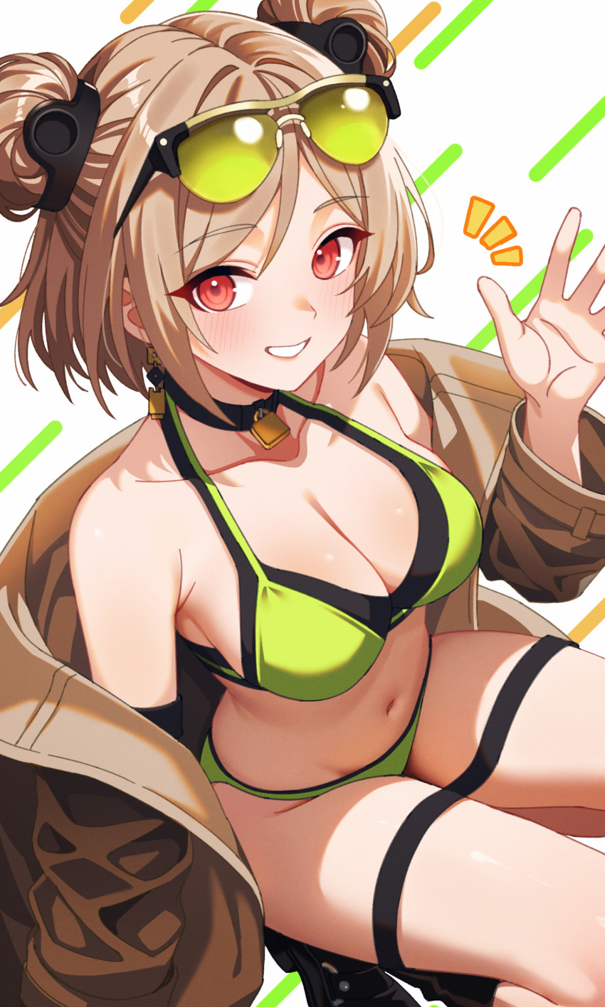 1girl, absurdres, bikini, blonde_hair, blush, brown_jacket, double_bun, eyewear_on_head