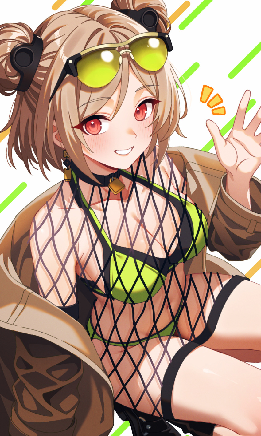 1girl, absurdres, bikini, blonde_hair, blush, bodystocking, brown_jacket, double_bun