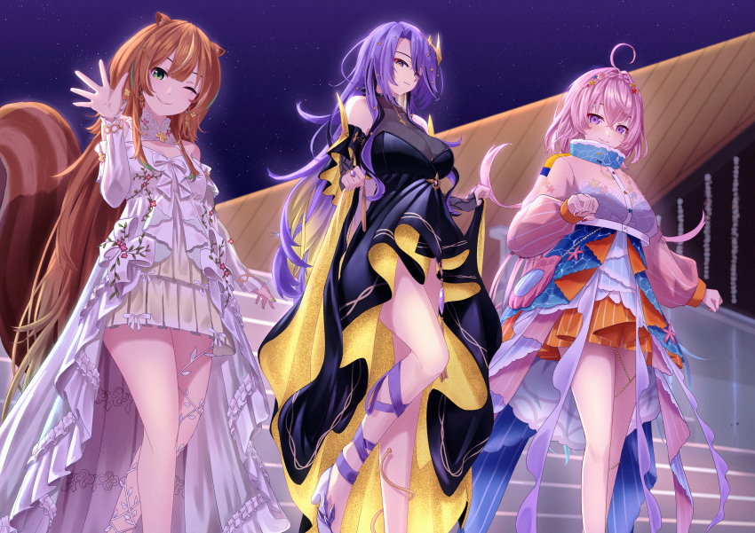 3girls, ahoge, airani_iofifteen, airani_iofifteen_(goddess), animal_ears, aonouta, area_15, ayunda_risu