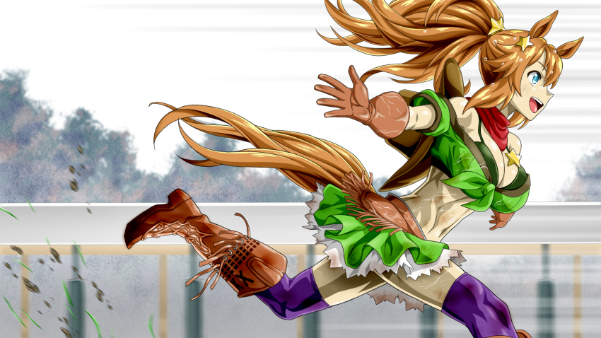 1girl, :d, animal_ears, bandana, bandeau, blue_eyes, boots, breasts