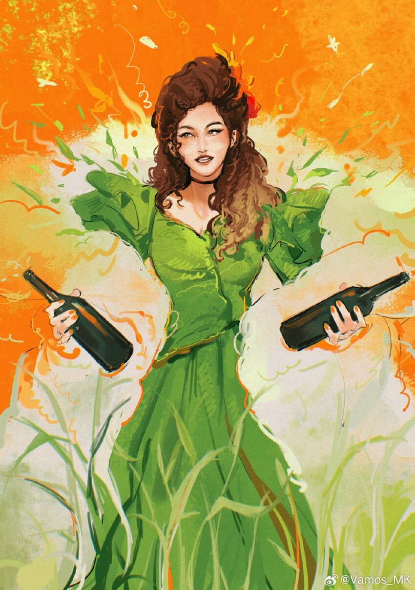 1girl, black_choker, bottle, brown_eyes, brown_hair, choker, curly_hair, dress, feather_boa, green_dress, hadestown, highres, holding, holding_bottle, long_hair, orange_background, orange_nails, parted_lips, persephone_(hadestown), solo, vamos_mk, wine_bottle
