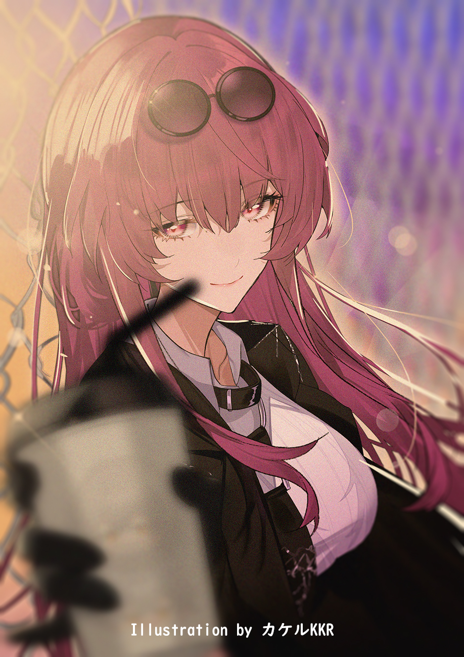 1girl, alternate_hair_length, alternate_hairstyle, artist_name, black_gloves, black_jacket, blurry, blurry_foreground