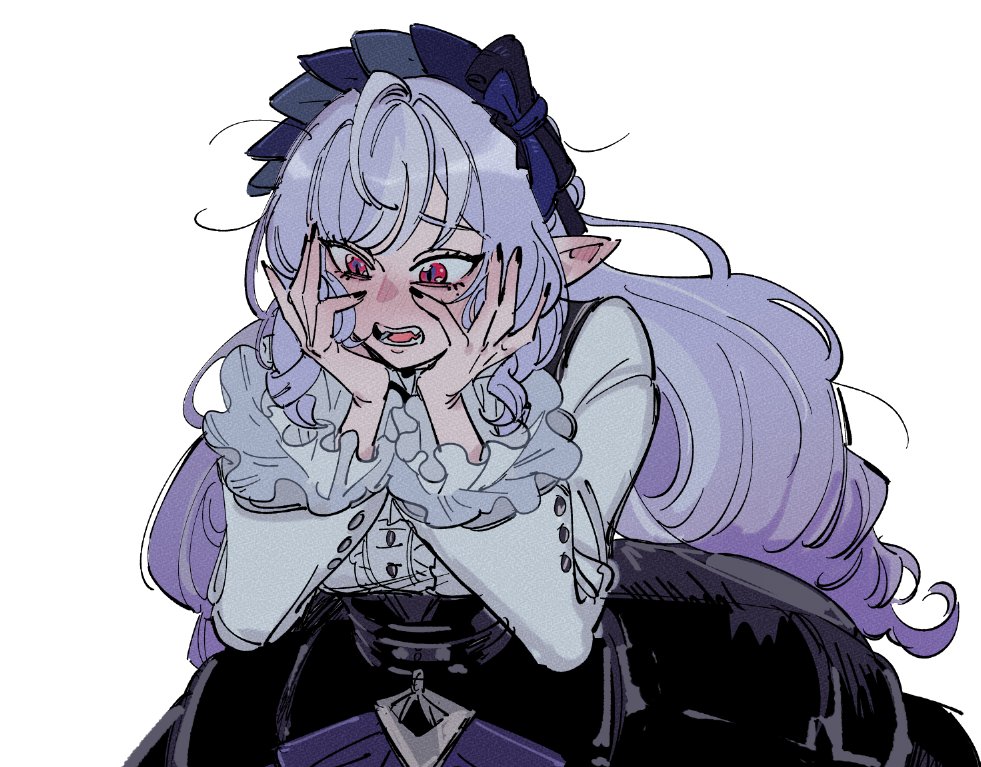 1girl, black_nails, blue_hairband, blush, center_frills, dress, facing_viewer, fangs