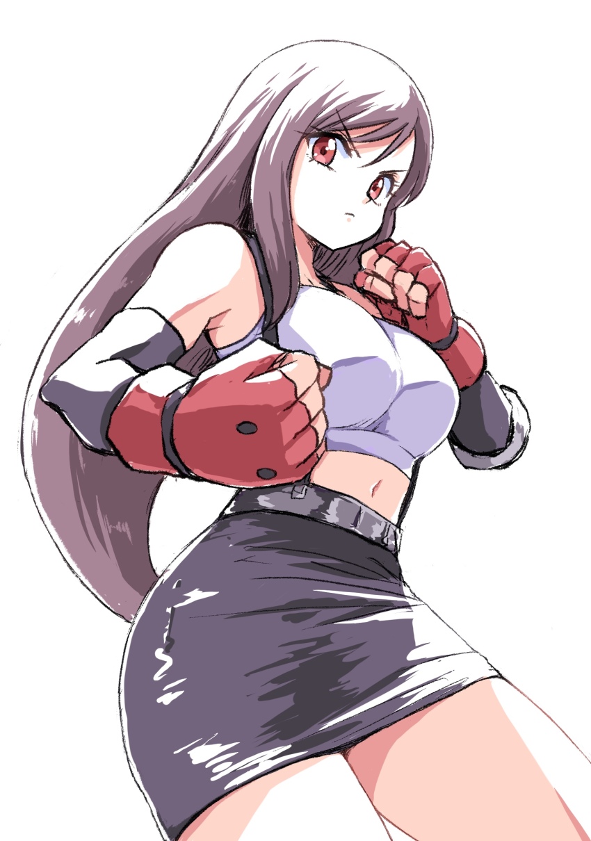 1girl, black_skirt, breasts, brown_hair, commentary, crop_top, fighting_stance, final_fantasy