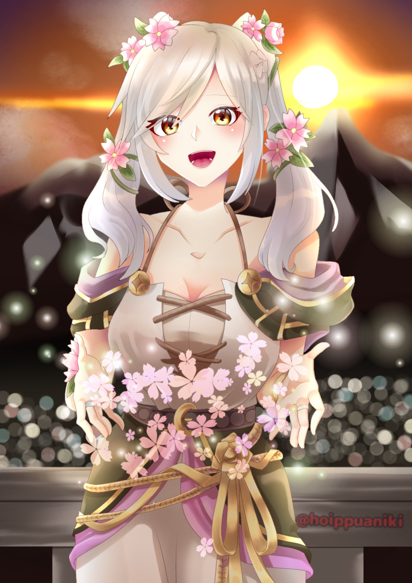 1girl, artist_name, bare_arms, bare_shoulders, bracelet, breasts, brown_eyes, capelet, cleavage, collarbone, dress, eyelashes, facing_viewer, female_focus, female_robin_(fire_emblem), female_robin_(valentine)_(fire_emblem), field, fingerless_gloves, fire_emblem, fire_emblem_awakening, fire_emblem_heroes, flower, flower_bracelet, flower_field, gloves, hair_flower, hair_ornament, halterneck, hands_up, happy, highres, hoippuaniki, holding, holding_flower, lens_flare, light_blush, long_dress, long_hair, looking_at_viewer, medium_breasts, mountainous_horizon, neck, nintendo, official_alternate_costume, open_mouth, outdoors, rope_belt, sidelocks, sky, sleeveless, sleeveless_dress, smile, spaghetti_strap, standing, sunset, swept_bangs, tight_clothes, tight_dress, twintails, upper_body, white_hair