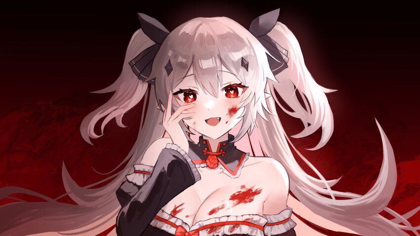 1girl, absurdres, bare_shoulders, black_collar, black_ribbon, black_sleeves, blood, blood_on_chest