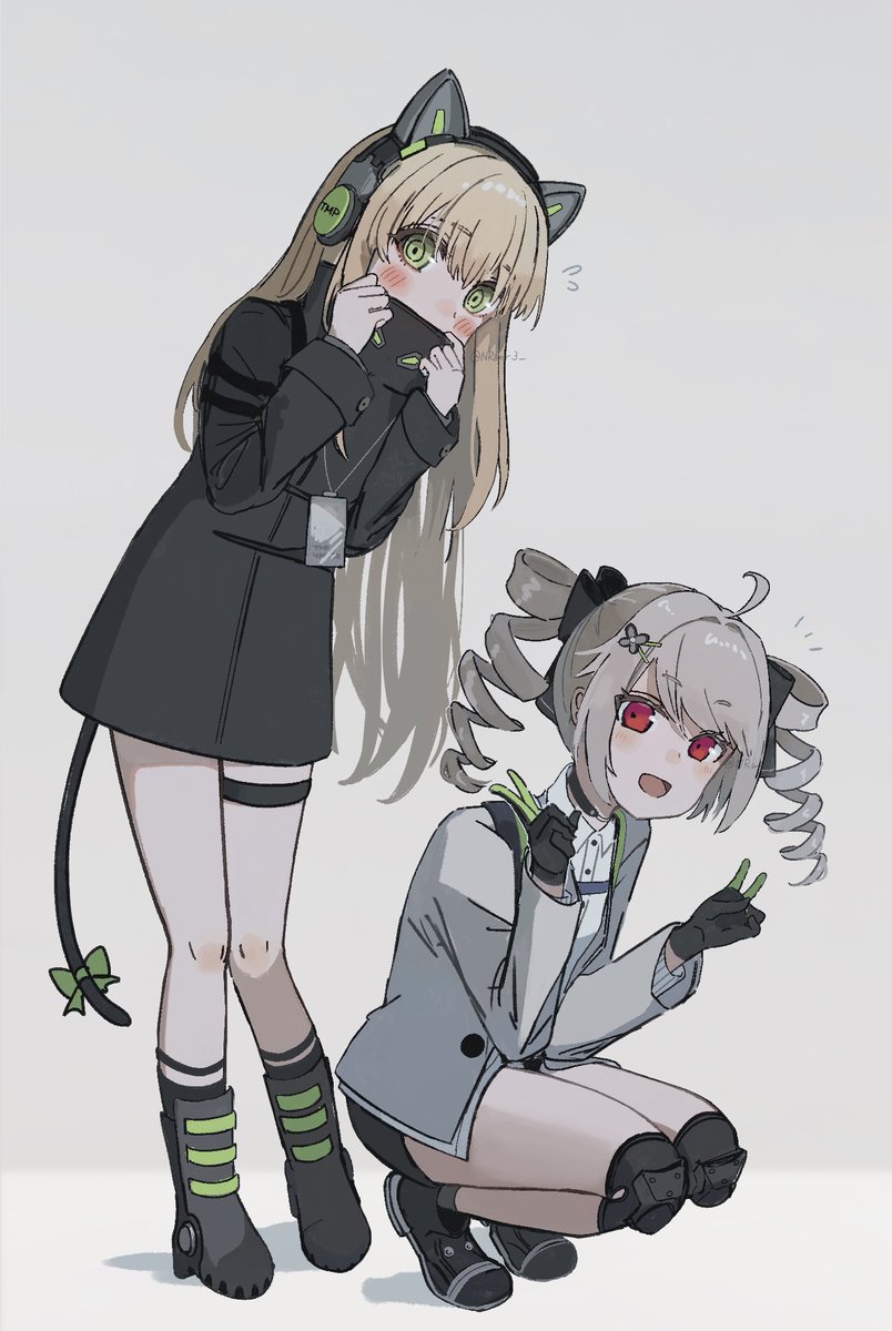 2girls, animal_ear_headphones, animal_ears, black_gloves, black_shoes, blonde_hair, bow, cat_ear_headphones