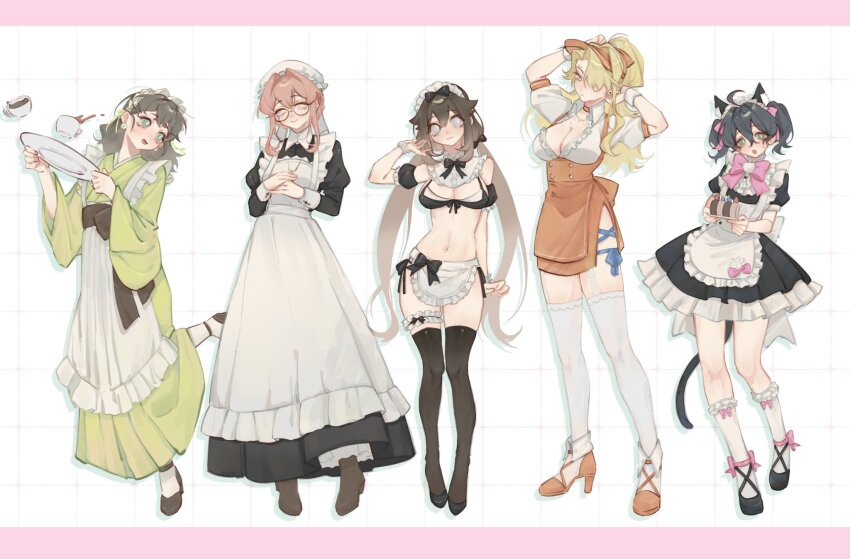 5girls, animal_ears, apron, bikini, black_bikini, black_bow, black_hair, black_thighhighs