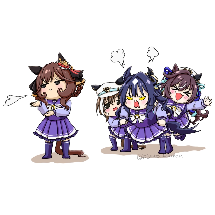 >_<, 4girls, :>, angry, animal_ears, blue_hair, blue_ribbon, blush