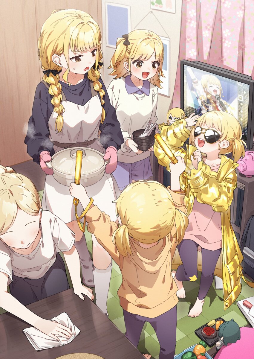 5girls, absurdres, apron, black_shirt, blonde_hair, braid, character_doll, doll, faceless, faceless_female, fujita_kotone, fujita_kotone's_sister, gakuen_idolmaster, highres, idolmaster, incense_burner, indoors, kayari_buta, kneehighs, long_sleeves, looking_at_another, mittens, multiple_girls, open_mouth, pink_mittens, shirt, siblings, sisters, smile, socks, sunglasses, twin_braids, white_apron, white_socks, yukie_(kusaka_shi)