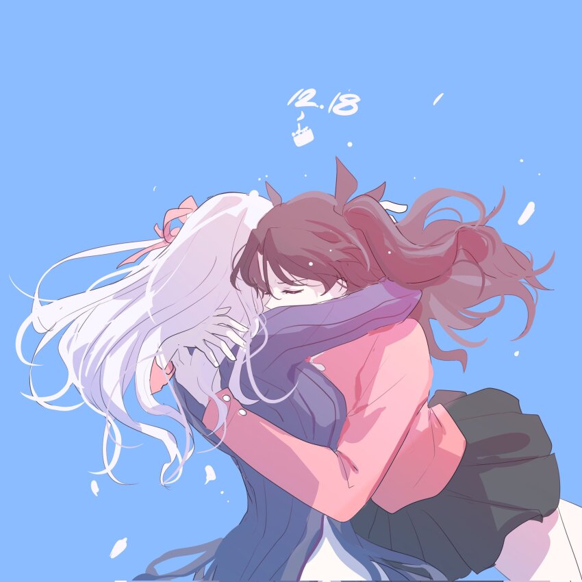 2girls, black_hair, blue_background, breasts, commentary, dark_sakura, dated, fate/stay_night