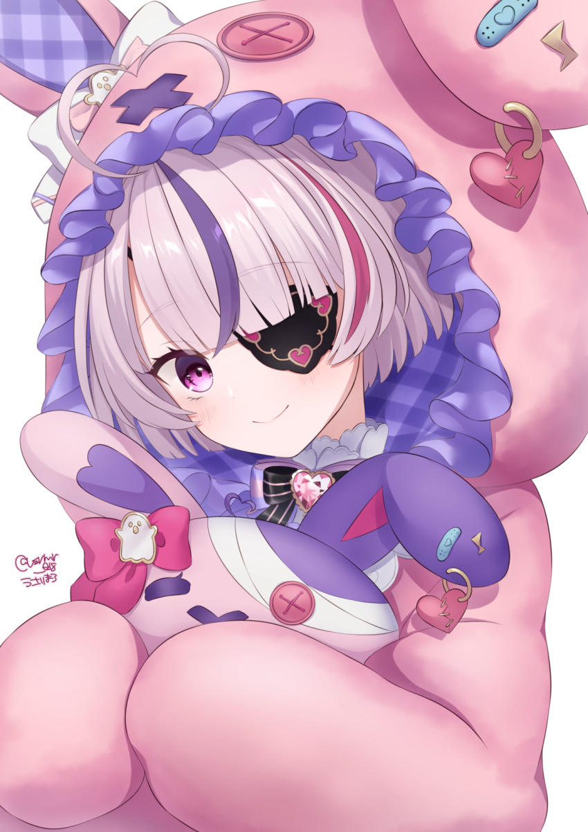 1girl, ahoge, animal_hood, artist_name, blush, cosplay, eyepatch, heart