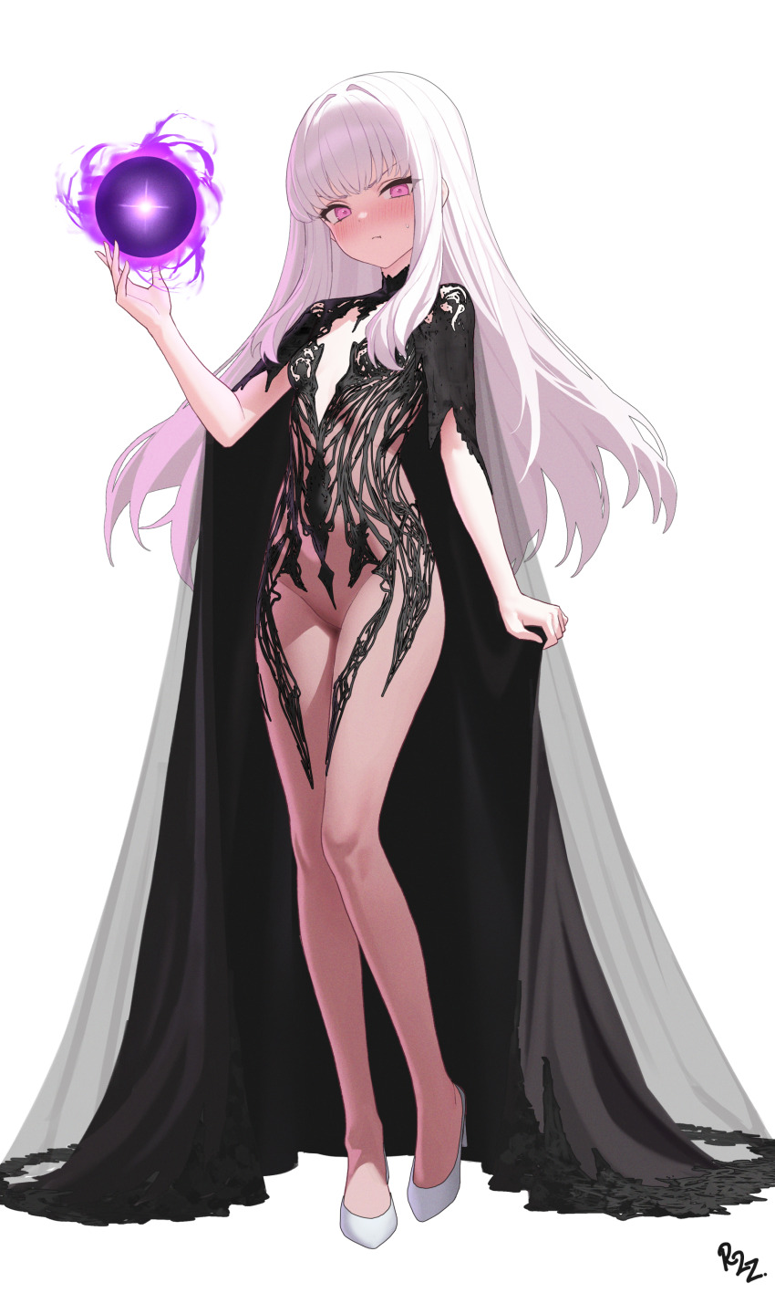 1girl, absurdres, black_cape, blush, bodysuit, breasts, cape, chronopattern_dress