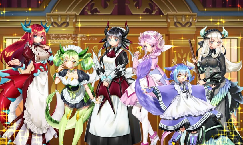 6+girls, black_dress, black_hair, black_tail, black_wings, blue_eyes, blue_hair, blue_kimono