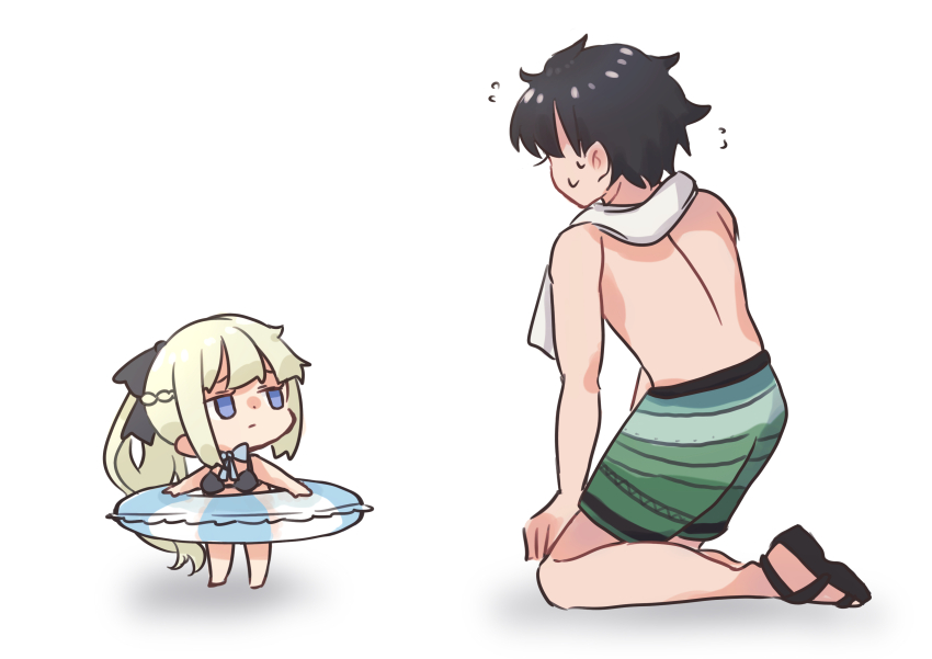 1boy, 1girl, absurdres, black_bow, black_hair, blue_eyes, bow, fate/grand_order