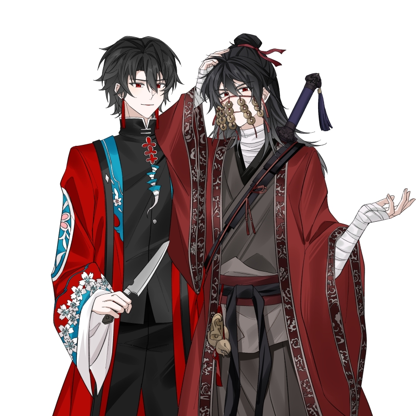 2boys, bandaged_arm, bandaged_hand, bandaged_neck, bandages, black_hair, black_hanfu, black_pants