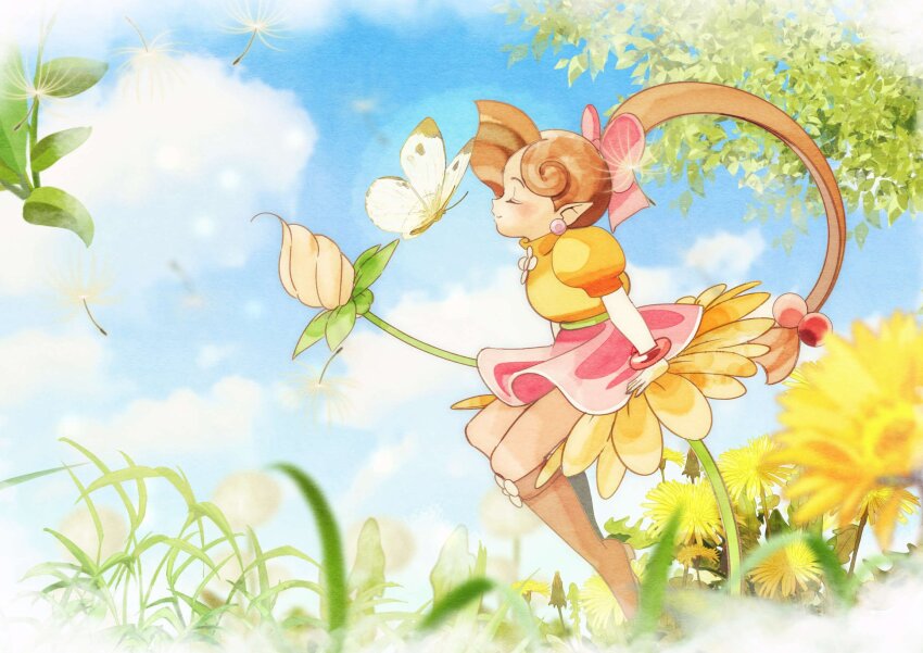 1girl, blue_sky, boots, bow, bracelet, brown_boots, brown_hair, bud, bug, butterfly, closed_eyes, closed_mouth, cloud, commentary, dandelion, dandelion_seed, earrings, flower, flower_wand, flying, footwear_flower, from_side, full_body, grass, hair_bobbles, hair_bow, hair_ornament, highres, holding, holding_wand, insect, jewelry, knee_boots, leaf, lip_(panel_de_pon), long_hair, low-tied_long_hair, mini_person, minigirl, nature, on_flower, outdoors, panel_de_pon, pink_bow, pink_skirt, pointy_ears, ponytail, puffy_short_sleeves, puffy_sleeves, shimadai587779, shirt, short_sleeves, sitting, skirt, sky, smile, solo, tree, very_long_hair, wand, white_butterfly, yellow_flower, yellow_shirt