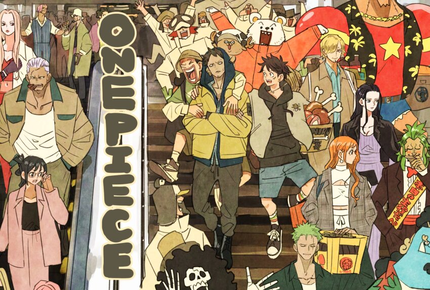 4girls, 6+boys, afro, antlers, arms_up, bartolomeo, bear, bepo_(one_piece)