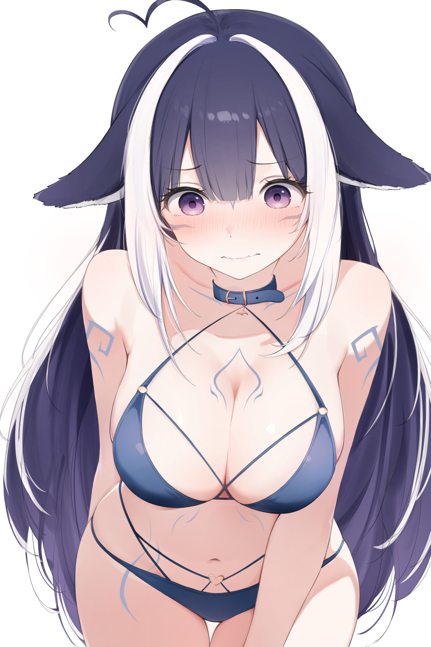 1girl, absurdres, ahoge, animal_ears, arm_behind_back, bare_shoulders, belt_collar, bikini