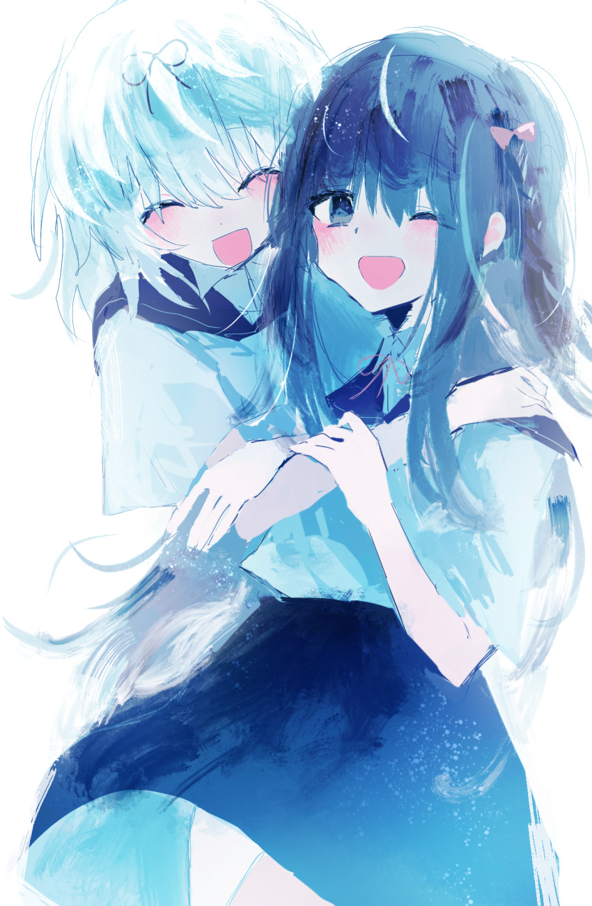 2girls, black_bow, black_skirt, blue_sailor_collar, blue_theme, blush, bow, bowtie