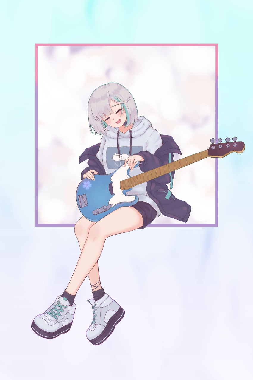 1girl, absurdres, black_collar, black_jacket, black_shorts, black_socks, closed_eyes, collar