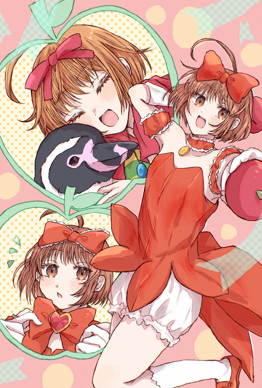 1girl, ahoge, akai_ringo_(tokyo_mew_mew), apple, appletick, bird, bloomers, blueskytake