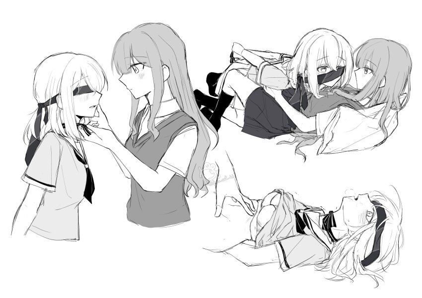 2girls, absurdres, bang_dream!, bang_dream!_it's_mygo!!!!!, blindfold, blush, bra, breasts, clothes_lift, commentary, greyscale, hanasakigawa_school_uniform, haneoka_school_uniform, heavy_breathing, highres, kaeru_(kaeee41917105), kneehighs, long_hair, medium_breasts, medium_hair, misumi_uika, monochrome, multiple_girls, neckerchief, no_shoes, open_mouth, pillow, pleated_skirt, school_uniform, serafuku, shirt_lift, sidelocks, skirt, socks, togawa_sakiko, underwear, yuri