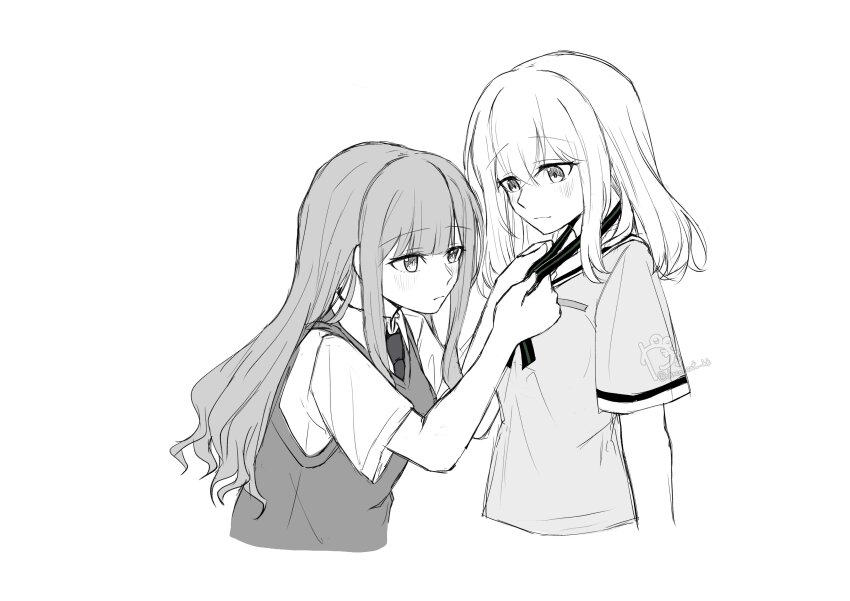 2girls, absurdres, bang_dream!, bang_dream!_it's_mygo!!!!!, blush, closed_mouth, commentary, greyscale