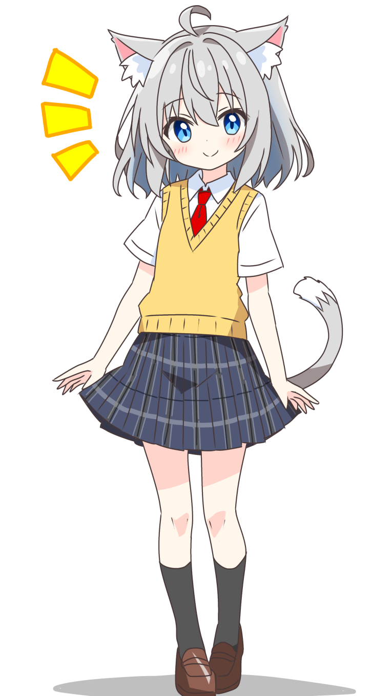 1girl, ahoge, animal_ear_fluff, animal_ears, black_socks, blue_eyes, blue_skirt, blush