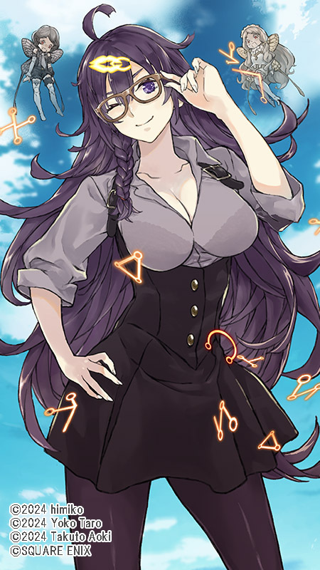 1girl, ;), adjusting_eyewear, ahoge, anki_(sinoalice), artist_name, belt, black_pantyhose