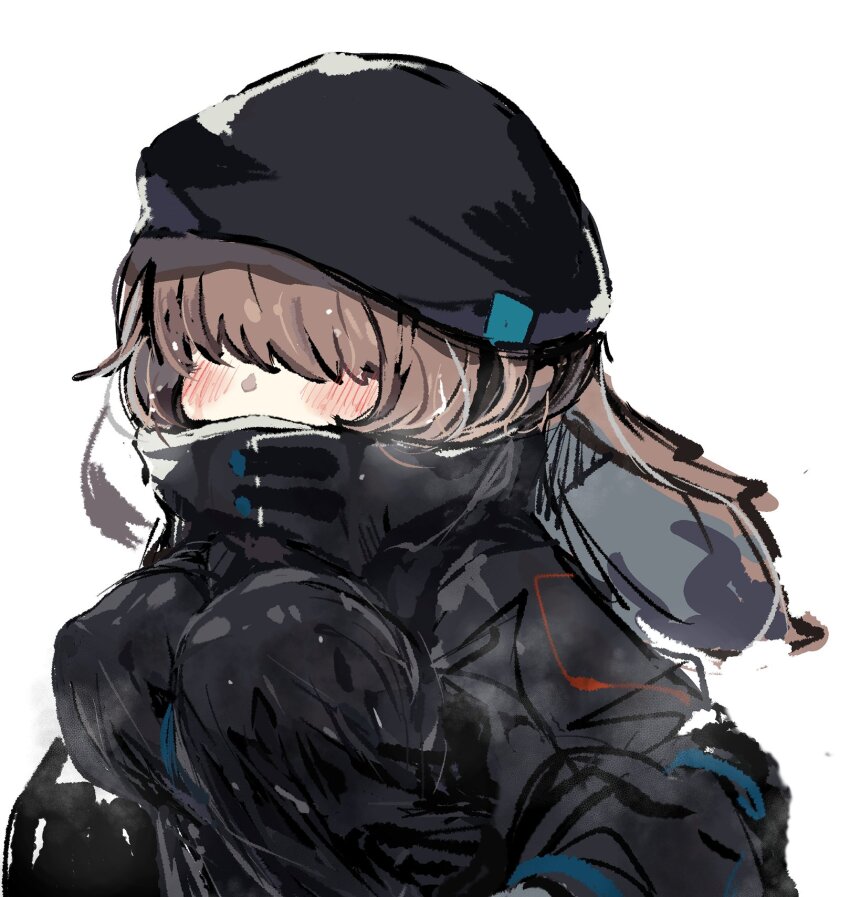 1girl, alternate_breast_size, animal_ears, arknights, black_hat, black_jacket, blush, breasts