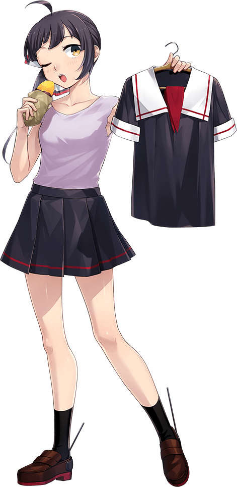 1girl, ahoge, black_hair, black_shirt, black_skirt, black_socks, brown_shoes, clothes_hanger