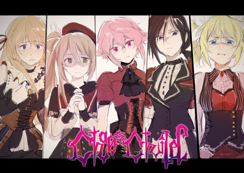 5girls, acminaasonde, amoris_(bang_dream!), arimura_hinae, ascot, bang_dream!, bang_dream!_it's_mygo!!!!!, beret, black_ascot, black_capelet, black_corset, black_dress, black_hair, blonde_hair, blue_eyes, breasts, brooch, brown_eyes, brown_hair, buttons, capelet, chaos;child, clenched_teeth, collar, collared_shirt, corset, cosplay, disgust, doloris_(bang_dream!), dress, empty_eyes, expressionless, frilled_collar, frills, frown, gem, glasses, hand_on_own_chest, hat, highres, jewelry, kunosato_mio, kurusu_nono, light_frown, logo_parody, long_hair, medium_breasts, misumi_uika, misumi_uika_(cosplay), mortis_(bang_dream!), mortis_(costume)_(bang_dream!), multiple_girls, oblivionis_(bang_dream!), onoe_serika, own_hands_clasped, own_hands_together, pants, parody, pink_eyes, pink_hair, ponytail, purple_eyes, red_capelet, red_hat, red_pants, red_shirt, ribbon, sad, science_adventure, scowl, shirt, short_hair, side_ponytail, sidelocks, small_breasts, teeth, timoris_(bang_dream!), togawa_sakiko, togawa_sakiko_(cosplay), twintails, vest, wakaba_mutsumi, wakaba_mutsumi_(cosplay), white_background, white_ribbon, yahata_umiri, yahata_umiri_(cosplay), yamazoe_uki, yuutenji_nyamu, yuutenji_nyamu_(cosplay)