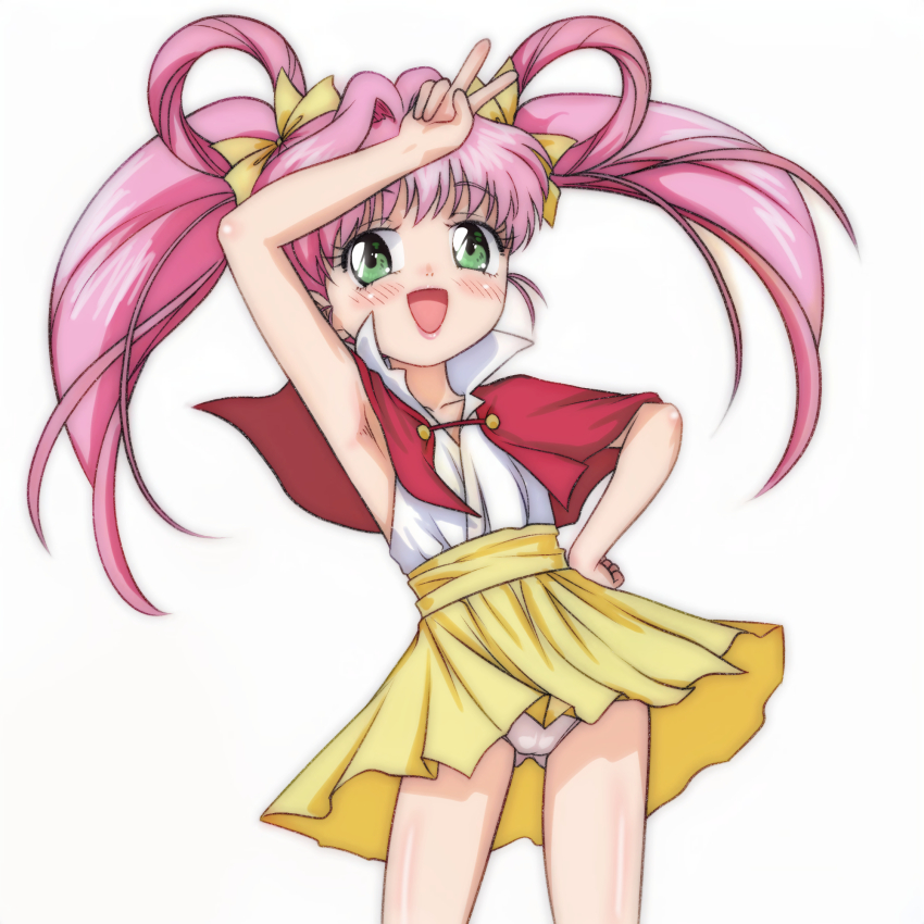 1girl, arm_up, blush, bow, cameltoe, capelet, collarbone, flat_chest, green_eyes, hair_bow, hair_rings, hand_on_own_hip, highres, idol_tenshi_youkoso_youko, loli, long_hair, looking_at_viewer, open_mouth, panties, pink_hair, red_capelet, shirt, skirt, sleeveless, sleeveless_shirt, smile, standing, t_jiroo_(ringofriend), tanaka_youko, twintails, underwear, v, white_background, white_panties, white_shirt, wind, wind_lift, yellow_bow, yellow_skirt
