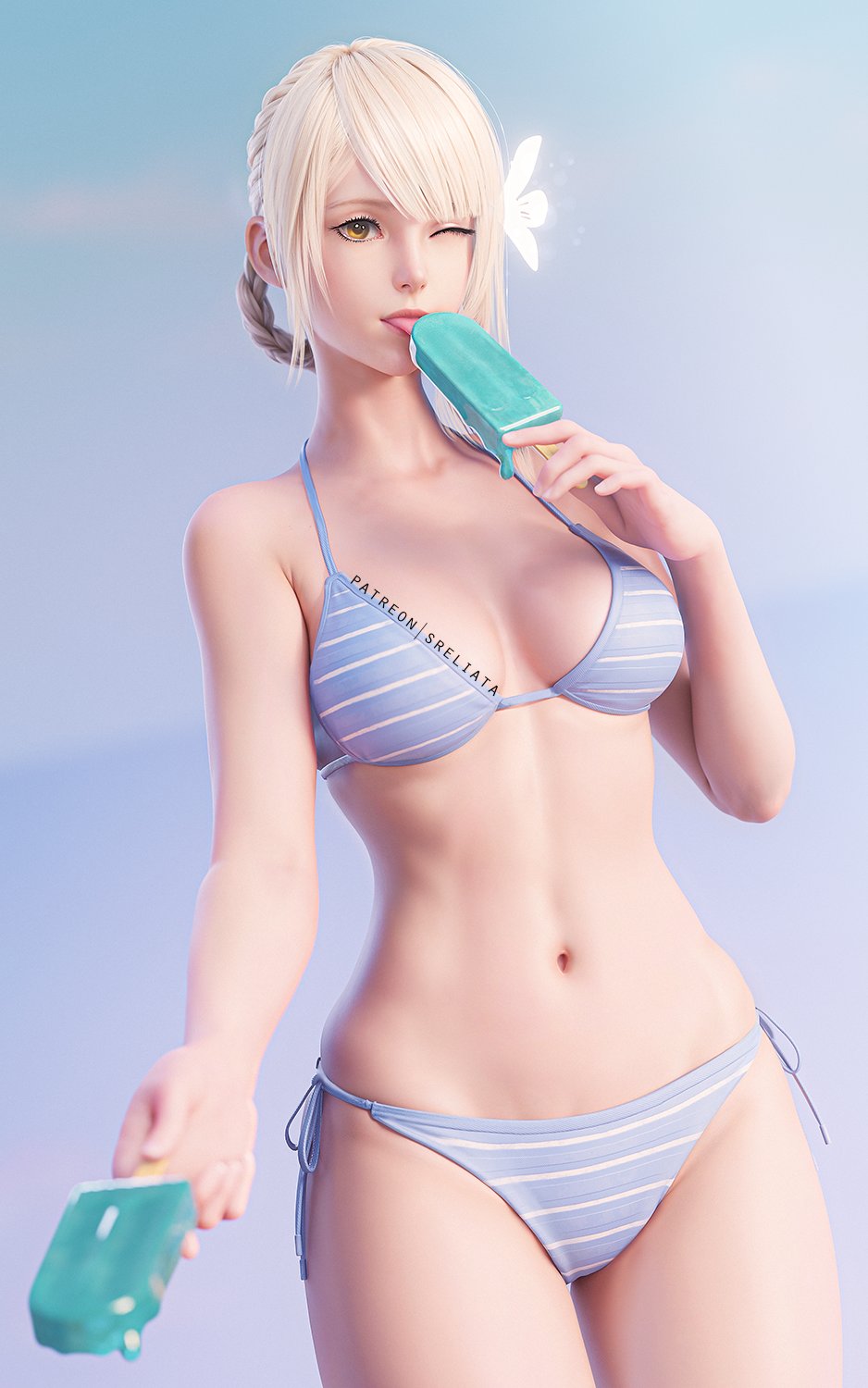 1girl, arms_up, bikini, blonde_hair, blue_bikini, blunt_bangs, braid, breasts, cleavage, collarbone, cowboy_shot, food, highres, kaine_(nier), licking, melting_popsicle, narrow_waist, navel, nier, nier_(series), one_eye_closed, parted_bangs, patreon_username, popsicle, sidelocks, single_braid, solo, sreliata, striped_bikini, striped_clothes, swimsuit, thighs, tongue, tongue_out, uppe, yellow_eyes