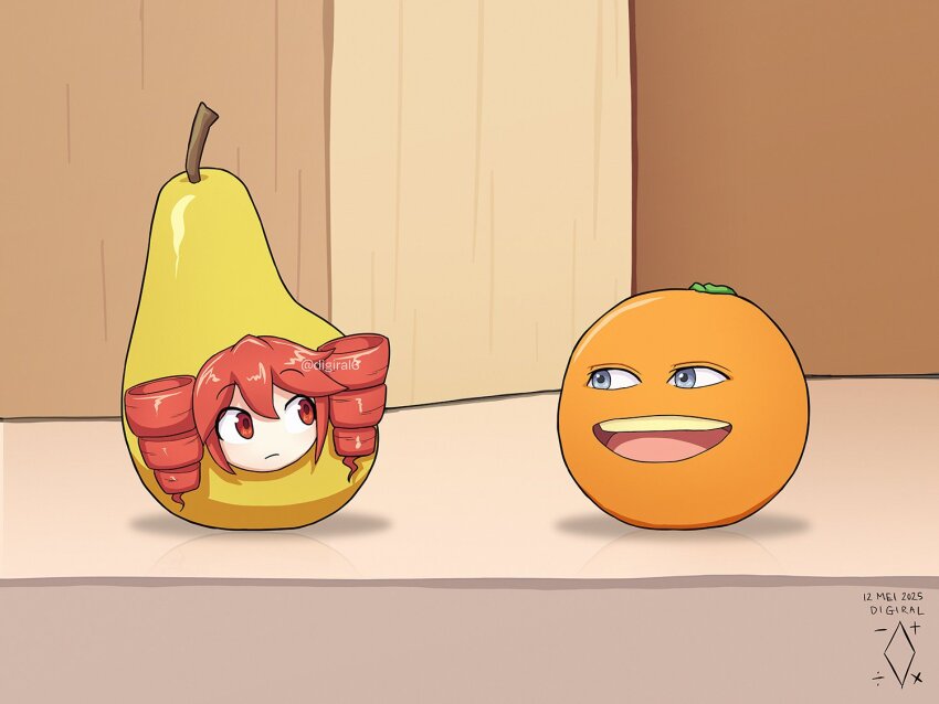 1girl, :d, annoying_orange, annoying_orange_(series), artist_logo, artist_name, closed_mouth, commentary