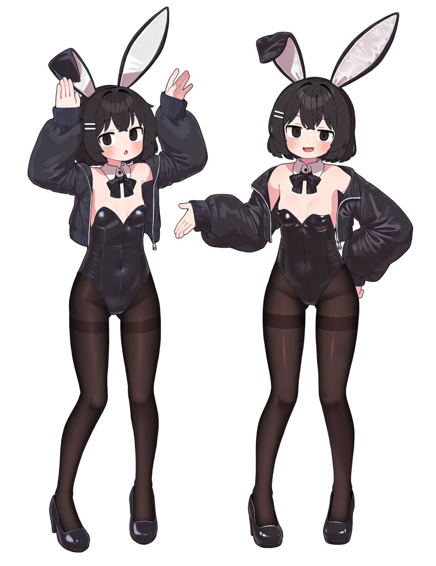 1girl, animal_ears, bare_shoulders, black_bow, black_hair, black_jacket, black_leotard, bow, bowtie, breasts, brown_eyes, detached_collar, f4rad, fake_animal_ears, full_body, hair_ornament, hairclip, hand_on_own_hip, highres, jacket, leotard, looking_at_viewer, open_mouth, original, pantyhose, playboy_bunny, rabbit_ears, short_hair, simple_background, standing, strapless, strapless_leotard, thighband_pantyhose, two-tone_background, white_background