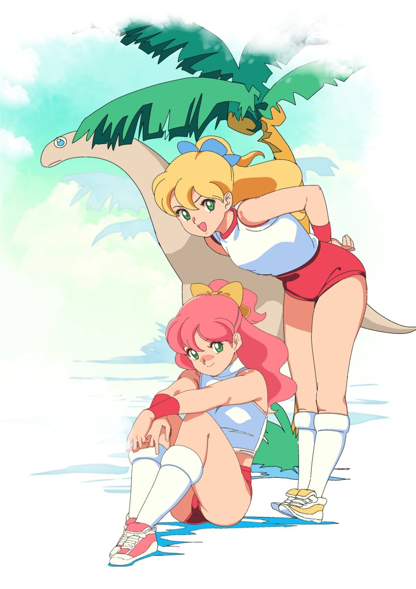 2girls, absurdres, arms_behind_back, arms_on_knees, blonde_hair, blue_bow, blue_eyes, blue_sky