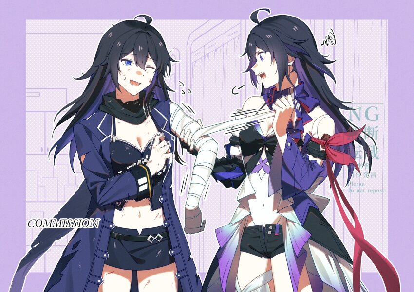 2girls, absurdres, ahoge, bandaged_arm, bandages, honkai_gakuen, black_hair, blue_eyes