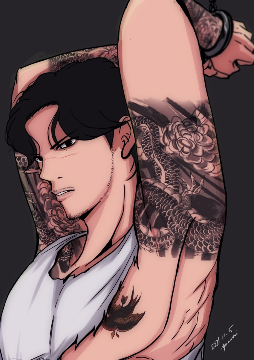 1boy, arm_tattoo, arms_up, bird_tattoo, black_eyes, black_hair, chest_tattoo, cuffs