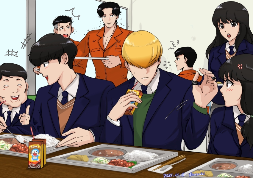 2girls, 6+boys, :d, :o, anger_vein, artist_name, black_hair, blazer