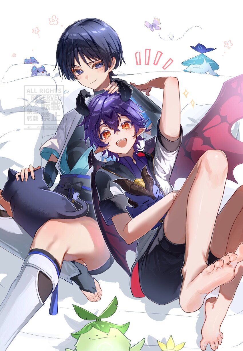 2boys, absurdres, animal, animalization, aranara_(genshin_impact), ararycan_(genshin_impact), arm_up, barefoot