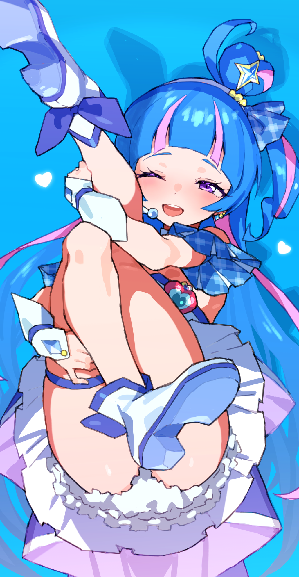 1girl, aokaze_nana, arched_bangs, ass, blue_background, blue_hair, blue_skirt, colored_shoe_soles, cure_wink, detached_sleeves, dress, earrings, hair_bun, half-closed_eye, headset, high-low_dress, highres, holding_own_leg, jewelry, kimi_to_idol_precure, leg_lift, legs, magical_girl, mo_(boo1719501boo), multicolored_hair, one_eye_closed, pink_hair, pleated_skirt, precure, purple_eyes, shoes, short_sleeves, simple_background, single_hair_bun, skirt, smile, solo, strapless, thigh_strap, two-tone_hair, white_shoes, wrist_cuffs