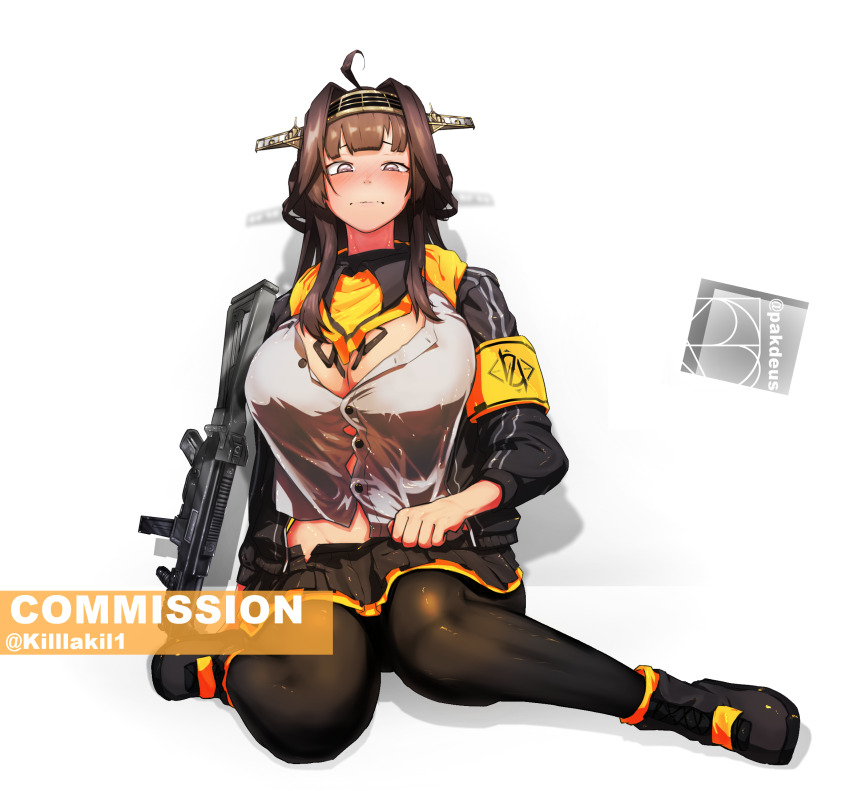 1girl, ahoge, armband, artist_name, black_jacket, black_pantyhose, black_skirt, blush