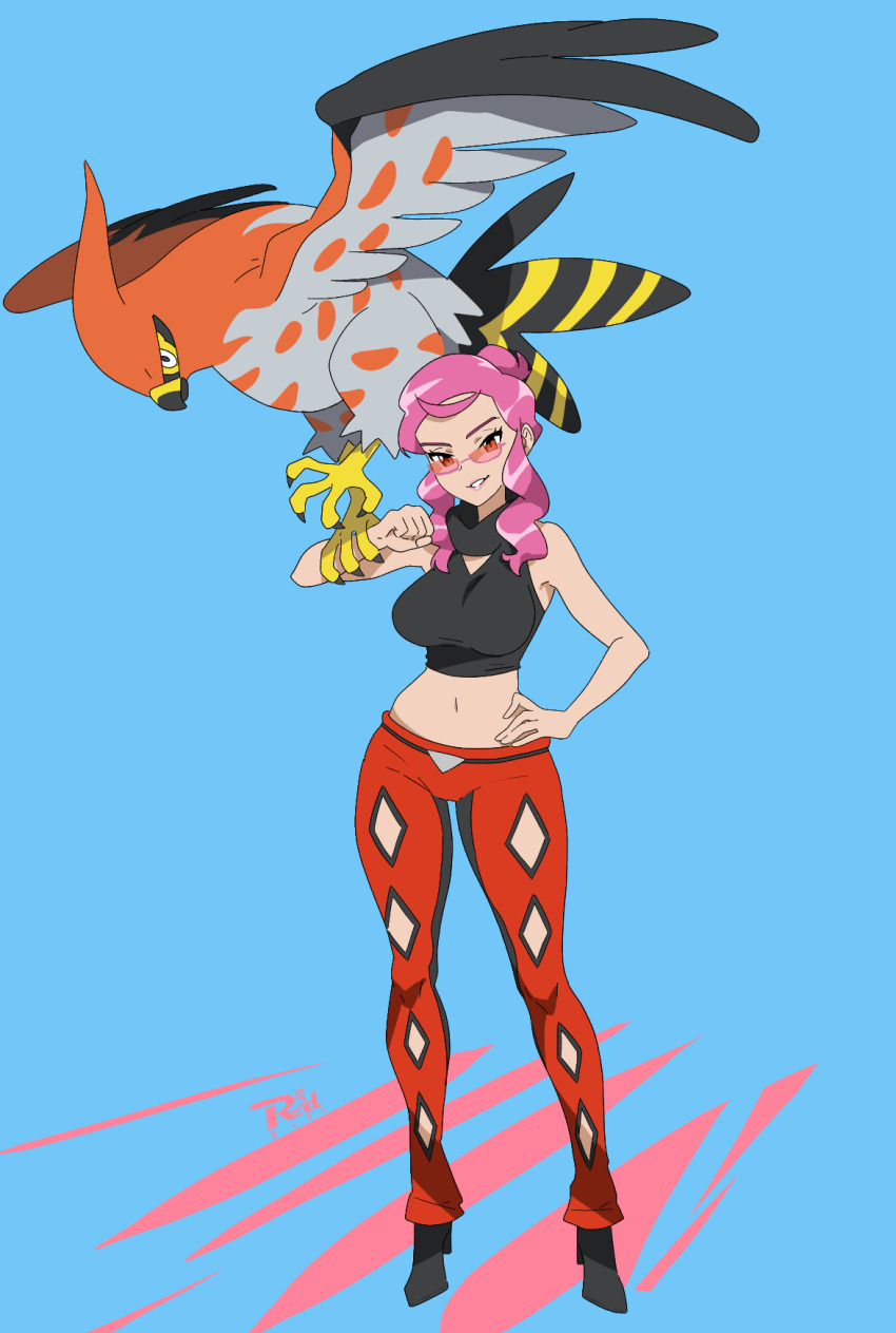 1girl, 1other, artist_logo, artist_name, beak, belt, bird, bird_tail, bird_wings, boots, breasts, crop_top, feathered_wings, gen_6_pokemon, glasses, hand_on_own_hip, head_crest, high_heels, highres, logo, looking_at_viewer, malva_(pokemon), medium_breasts, midriff, navel, nintendo, open_clothes, open_pants, pants, pink_hair, pokemon, pokemon_(creature), pokemon_x_and_y, r3dfive, red_eyes, red_pants, shirt, sleeveless, sleeveless_shirt, tail, talonflame, talons, tinted_eyewear, wings