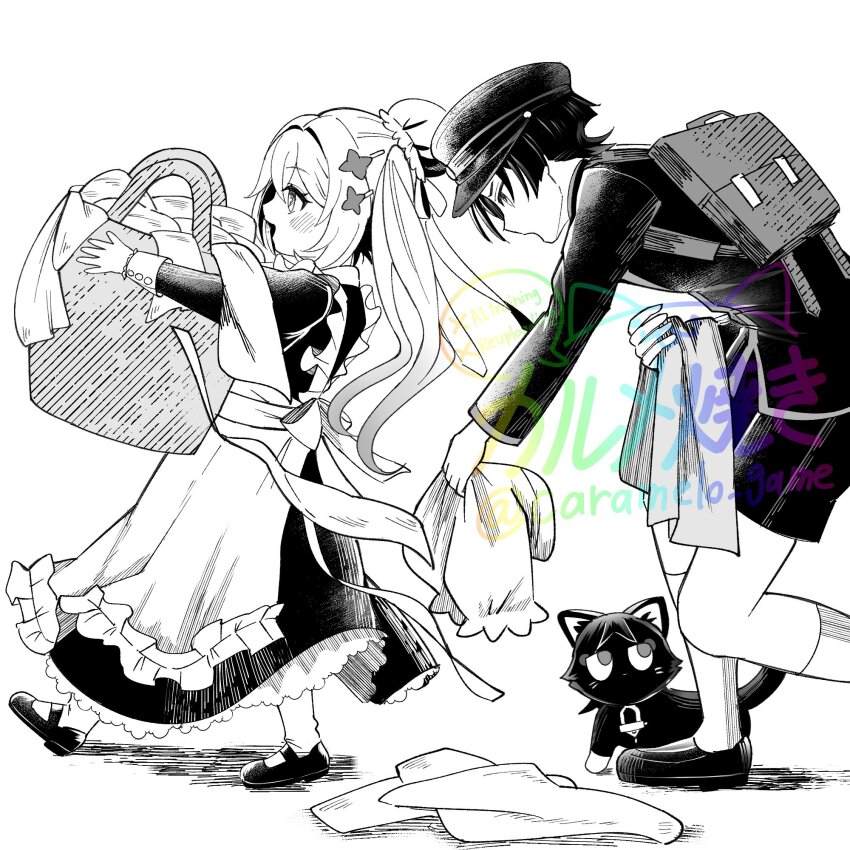 1boy, 1girl, alternate_costume, animalization, apron, bag, basket, bent_over