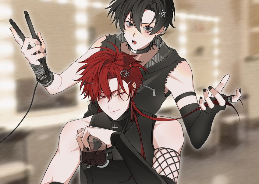 2boys, alternate_costume, asymmetrical_gloves, bare_shoulders, black_choker, black_eyes, black_gloves, black_hair
